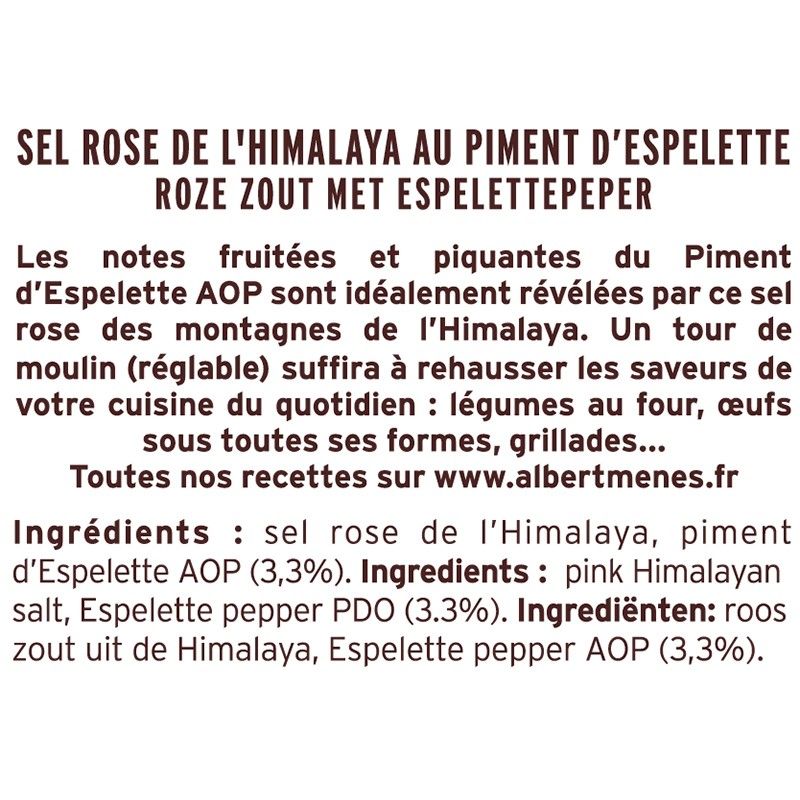 Jar of Pink Salt with Espelette Pepper Mill information sheet Albert Ménès