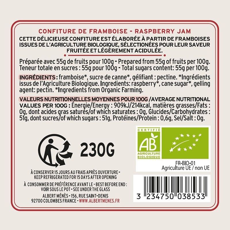 Confiture Extra de Framboise BIO