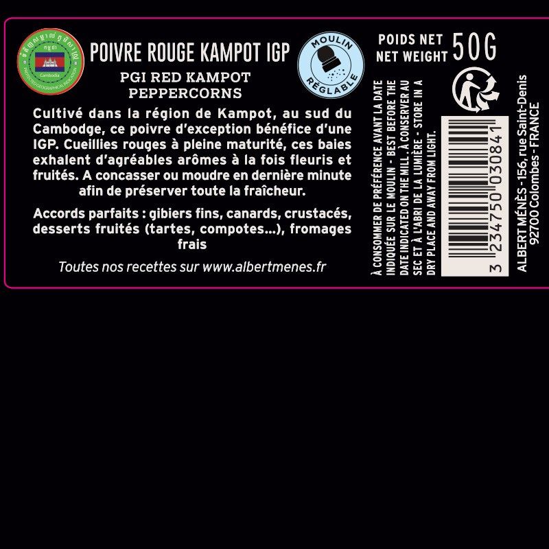 fiche informative sur le pot de Poivres de Kampot Rouge I.G.P - Moulin Albert Ménès