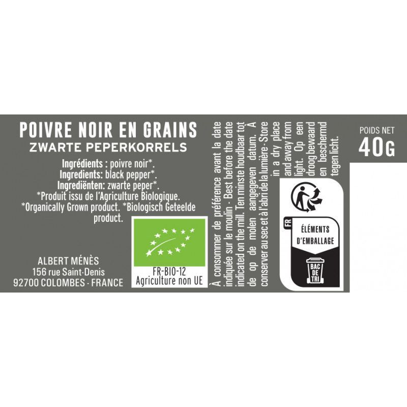 Jar of Organic Whole Black Peppercorns Pepper Mill information sheet Albert Ménès