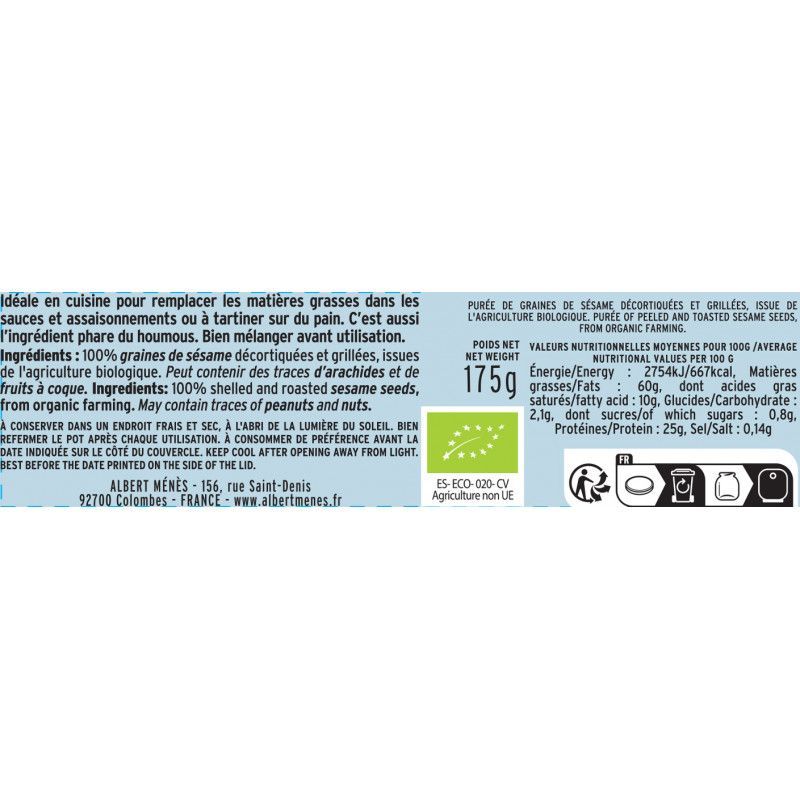 Tahin Purée de Sésame BIO description et ingrédients