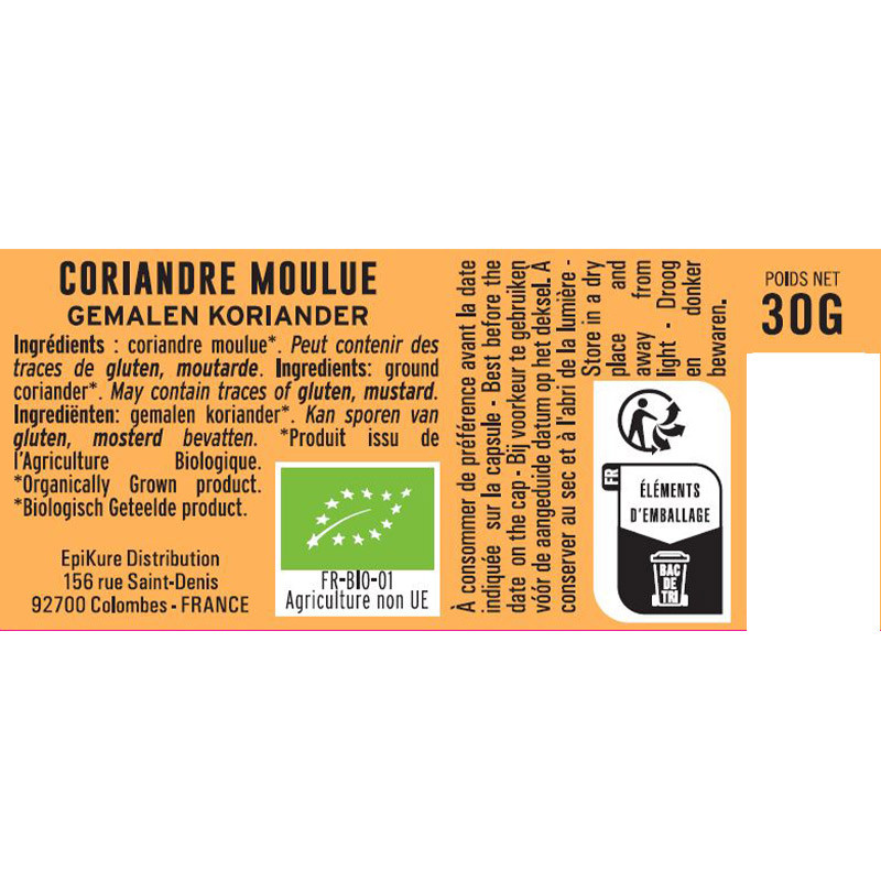 fiche informative sur le pot de Coriandre Moulue BIO Albert Ménès