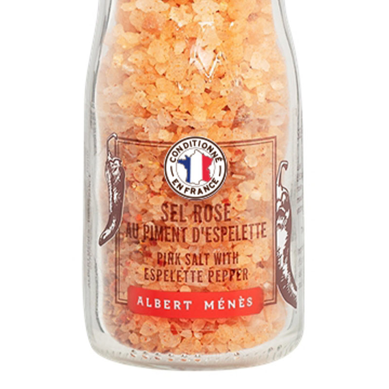Zoom sur le pot de Sel Rose au Piment d'Espelette en Moulin Albert Ménès
