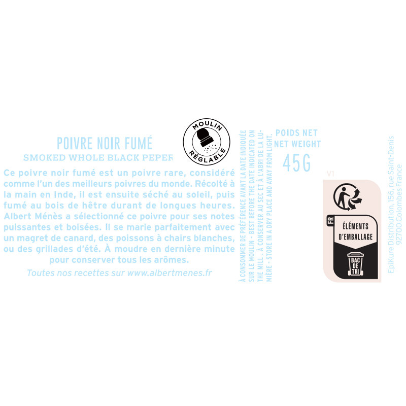 fiche informative sur le pot de Poivre Noir Fumé - Moulin Albert Ménès