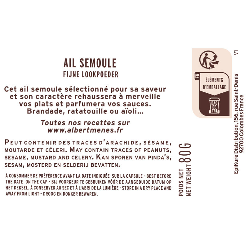 fiche informative sur le pot de Ail Semoule Albert Ménès