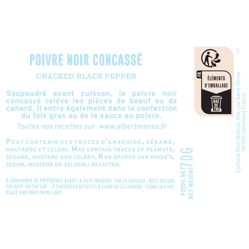 fiche informative sur le pot de Poivre Noir Concassé Albert Ménès
