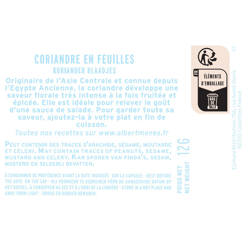 fiche informative sur le pot de Coriandre en Feuilles Albert Ménès