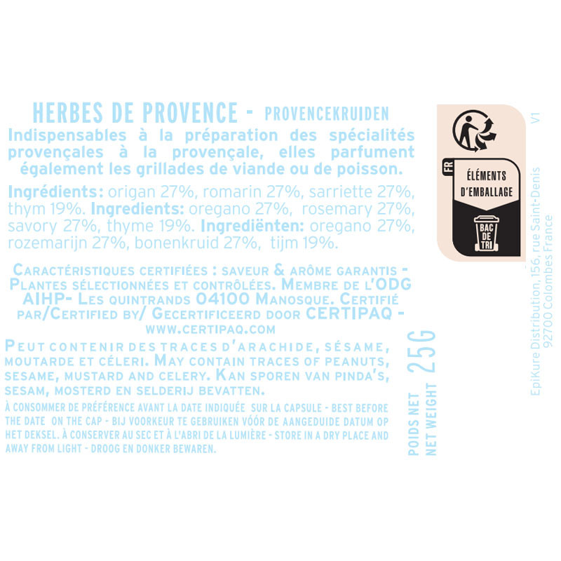 fiche informative sur le pot de Herbes de Provence - Label Rouge Albert Ménès
