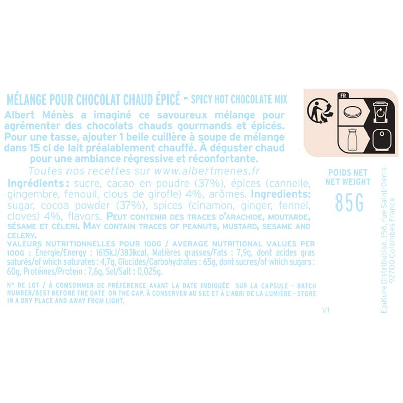 fiche informative sur le pot de Mélange pour Chocolat Chaud Épicé Albert Ménès