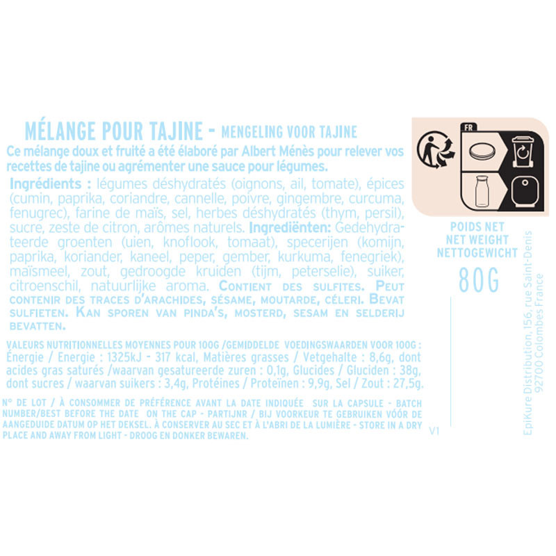 fiche informative sur le pot de Mélange pour Tajine Albert Ménès
