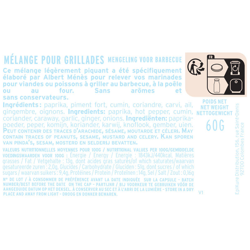 fiche informative sur le pot de Mélange pour Grillades Albert Ménès