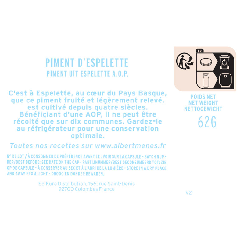 fiche informative sur le pot de Piment d'Espelette A.O.P Albert Ménès