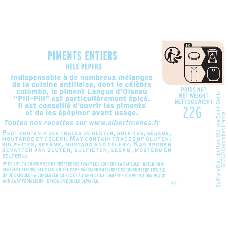fiche informative sur le pot de Piments Langue d'Oiseau "Pili-Pili" Albert Ménès