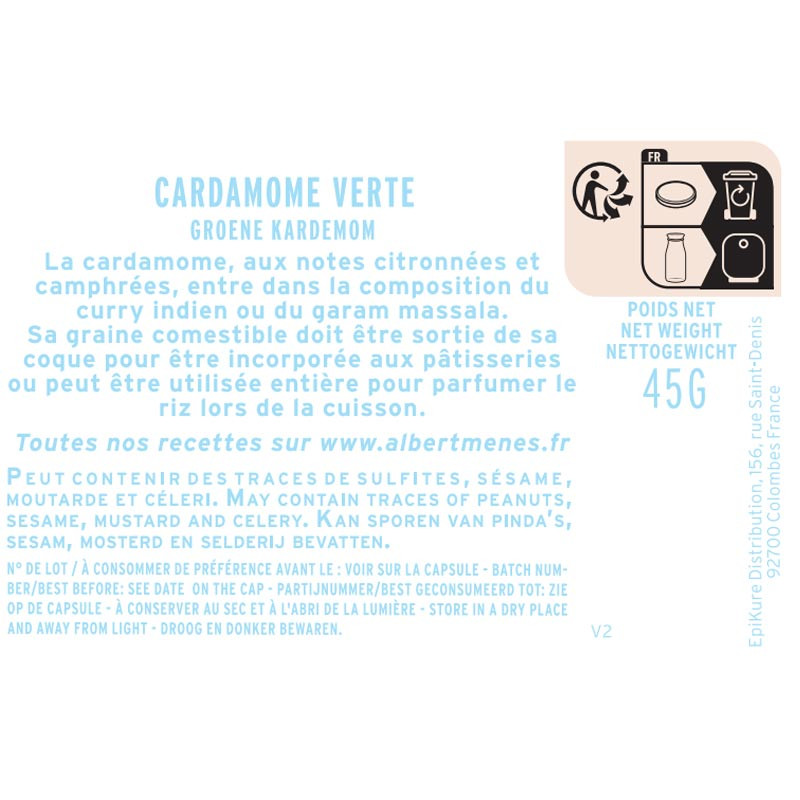 fiche informative sur le pot de Cardamome Verte Albert Ménès