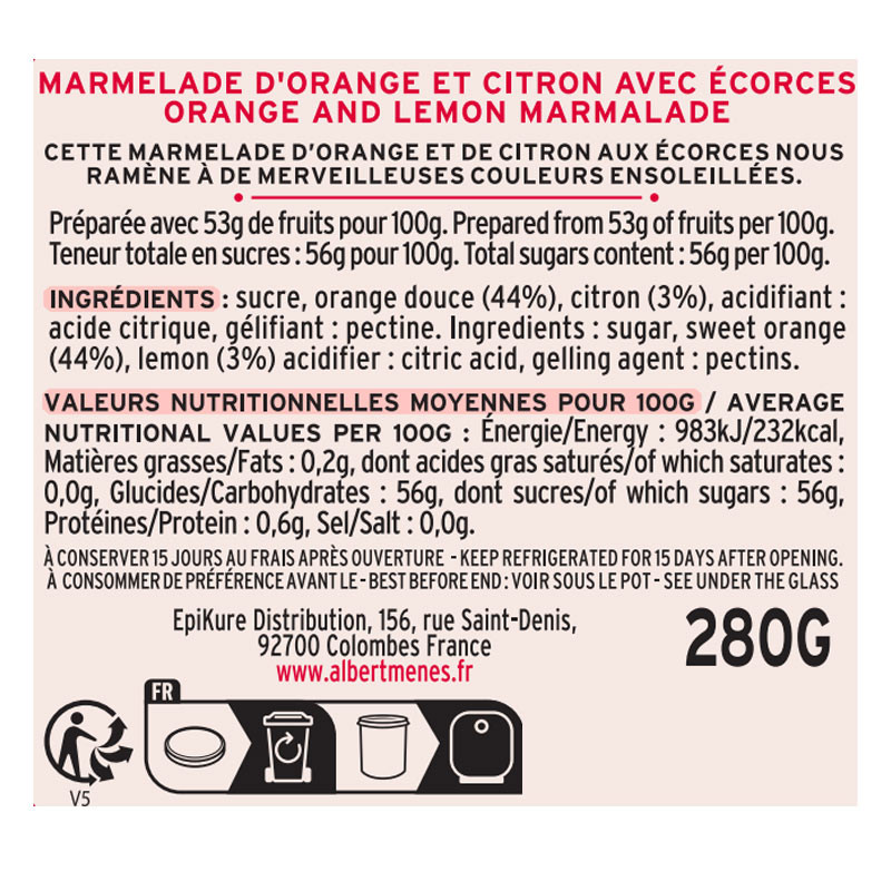 Marmelade d'Orange et de Citron Ecorces Fines fiche informative