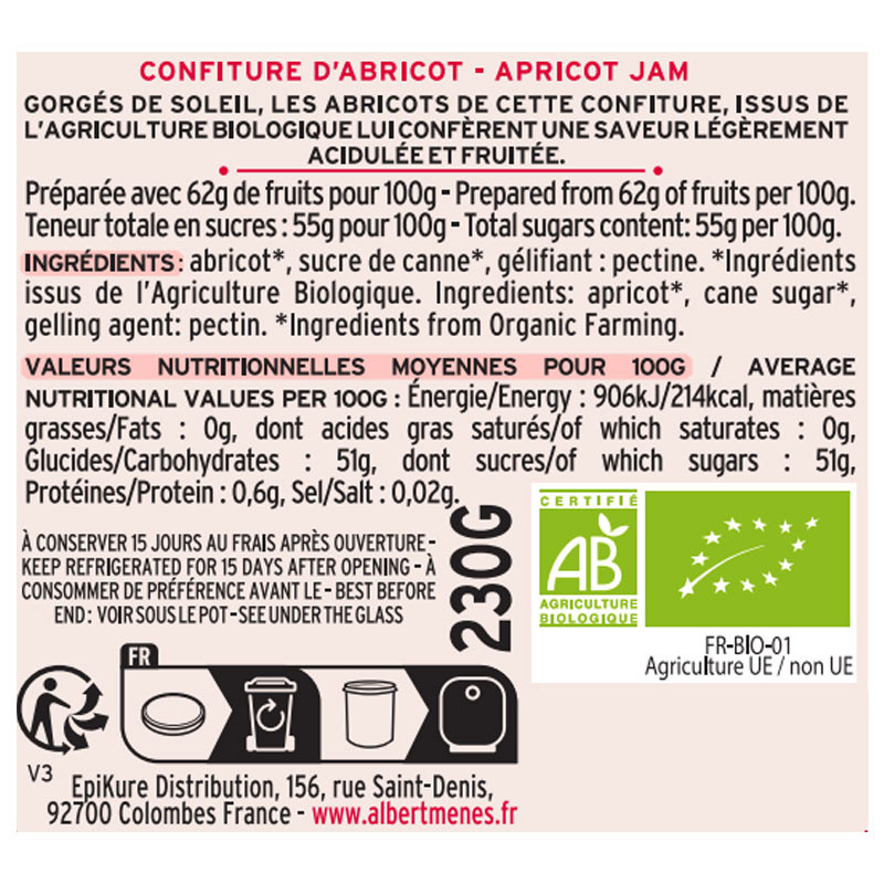 Confiture d'Abricot BIO Albert Ménès