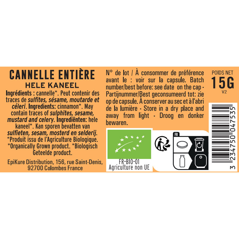 fiche informative sur le pot de Cannelle Entière BIO Albert Ménès